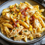 Romige Kip, Spek en Maïs Pasta met paprika-knoflookroom – snel, romig en perfect voor elke dag. Sla dit recept op voor later!