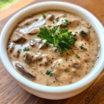 Romige Poolse champignonsaus met ui en dille – een klassieke saus boordevol smaak, ideaal bij aardappelpuree, vlees of vegetarische gerechten