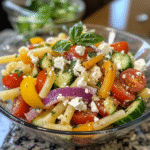 Zomer pasta salade recept – kleurrijke pastasalade met feta, paprika en komkommer. Fris, makkelijk en ideaal voor warme dagen