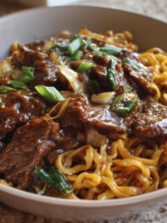 Hartige Aziatische Mongoolse Rundvlees Noodle Roerbak