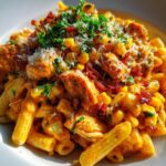 Romige Kip, Spek en Maïs Pasta met Knoflook Gerookte Paprika Roomsaus