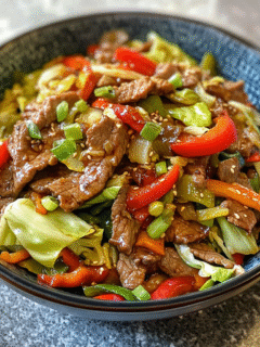 Rundvlees en Kool Roerbak – snelle, kleurrijke wokmaaltijd met paprika, gember, kool en een heerlijke Aziatische saus.