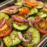 Gemarineerde komkommer- en tomatensalade met rode ui en verse kruiden – een frisse, kleurrijke klassieker voor elke zomerse tafel.