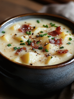 Aardappel- en speksoep – romige klassieker met spek, aardappels en bouillon. Makkelijk comfort food recept voor herfst en winter
