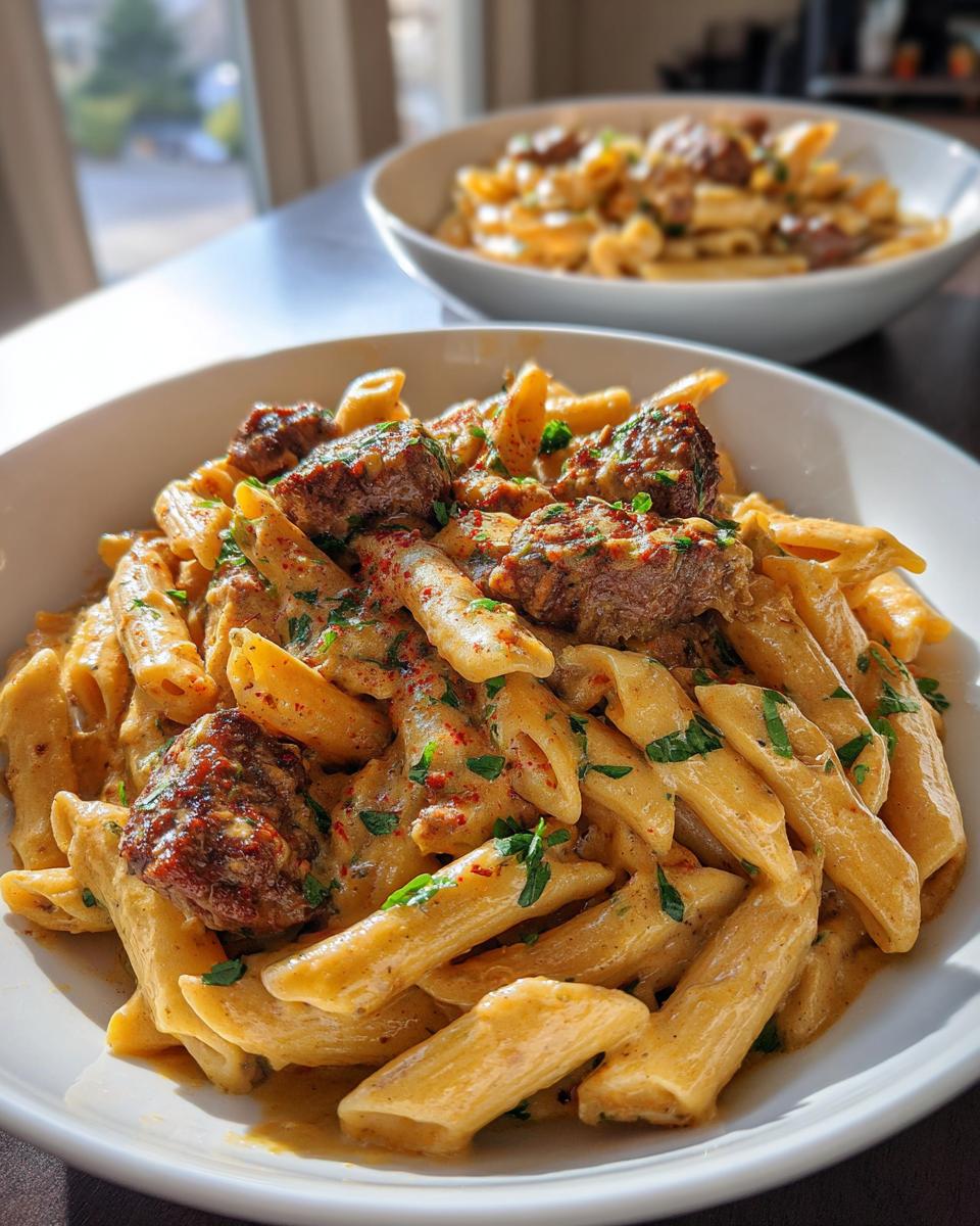 Cajun Steak Tips in Cheesy Penne Parmesan Sauce - detail 2