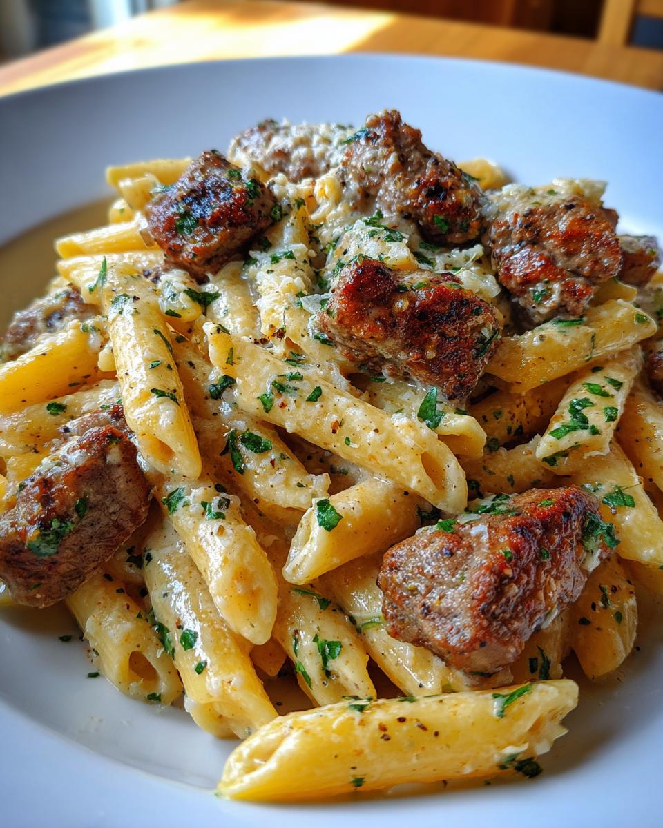 Cajun Steak Tips in Cheesy Penne Parmesan Sauce - detail 3