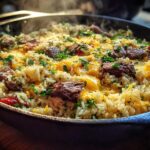 Cheesy Steak Queso Rice Skillet