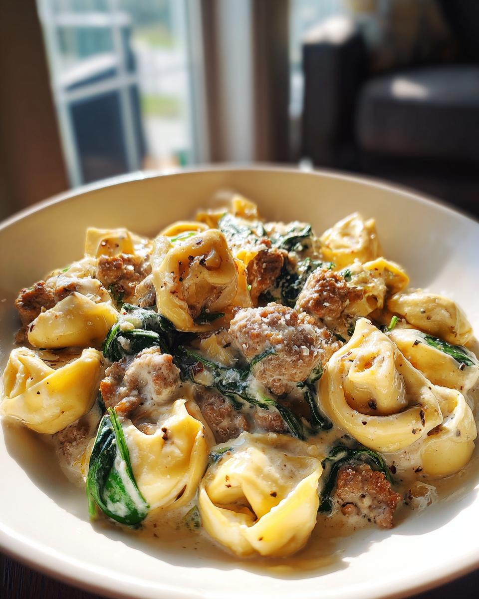 Garlic Butter Tortellini with Beef, Italian Sausage, and Spinach in Creamy Sauce - detail 1