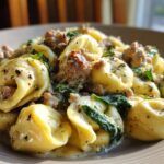 Garlic Butter Tortellini with Beef, Italian Sausage, and Spinach in Creamy Sauce
