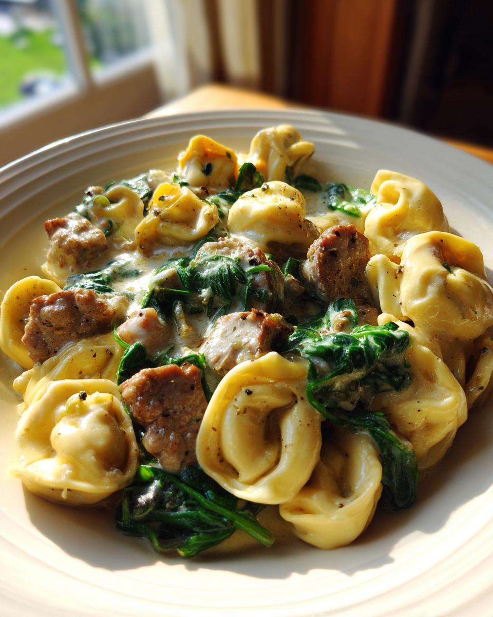 Garlic Butter Tortellini with Beef, Italian Sausage, and Spinach in Creamy Sauce - detail 3