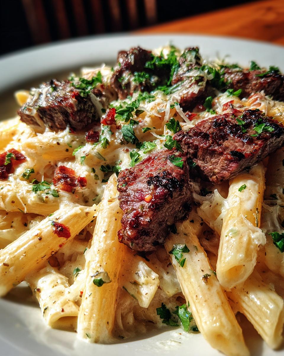 Cajun Steak Tips with Cheesy Penne Parmesan Sauce for Christmas - detail 2