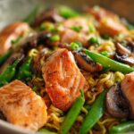 Asian Salmon and Noodles with Mushrooms and Snap Peas