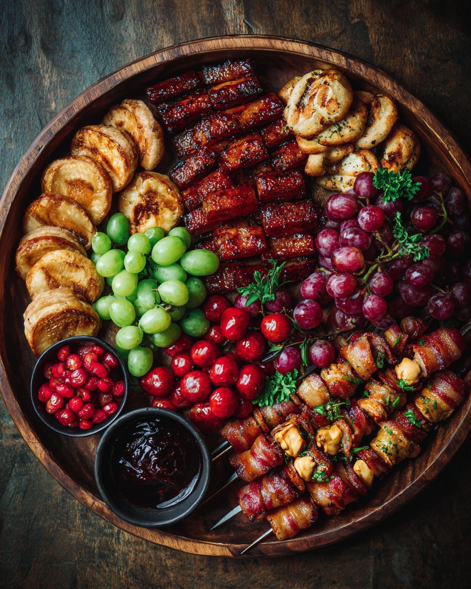 A wooden platter filled with 10 irresistible finger foods for gatherings, including bacon-wrapped skewers, glazed meat bites, grapes, and fruit.