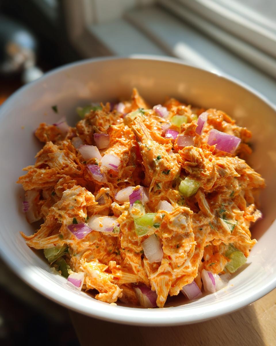 Close-up of a bowl filled with 10 Minute Buffalo Chicken Salad, featuring shredded chicken coated in buffalo sauce, diced red onion, and celery.