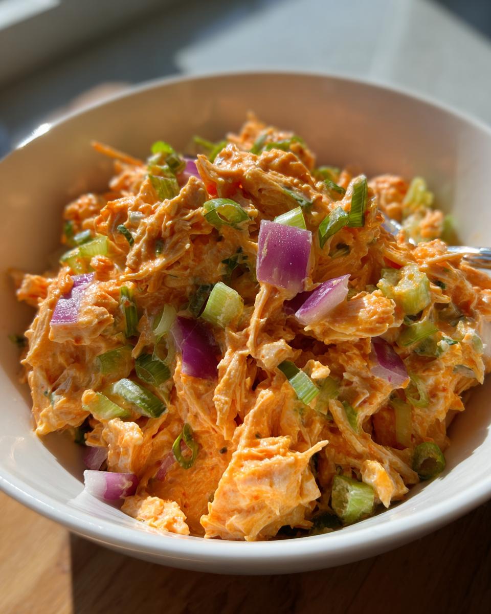 A close-up of a bowl filled with 10 Minute Buffalo Chicken Salad, featuring shredded chicken coated in buffalo sauce, chopped celery, red onion, and green onions.