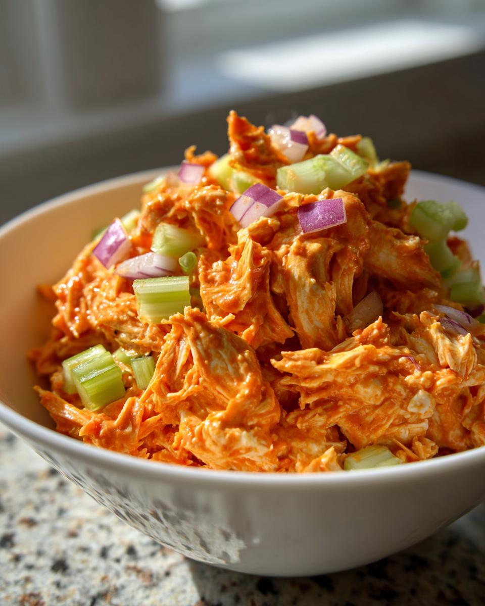 A bowl of 10 Minute Buffalo Chicken Salad Quick Flavorful Delight topped with diced red onion and celery.