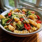 A bowl of 5 Minute Zesty Italian Pasta Salad featuring rotini pasta, broccoli florets, cherry tomatoes, and shredded cheese.