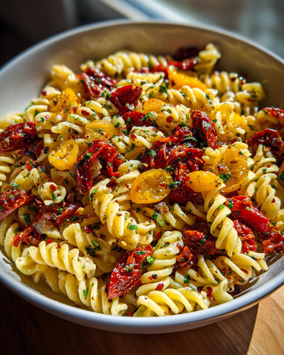 Close-up of 5 Minute Zesty Italian Pasta Salad with fusilli pasta, sun-dried tomatoes, and cherry tomatoes.