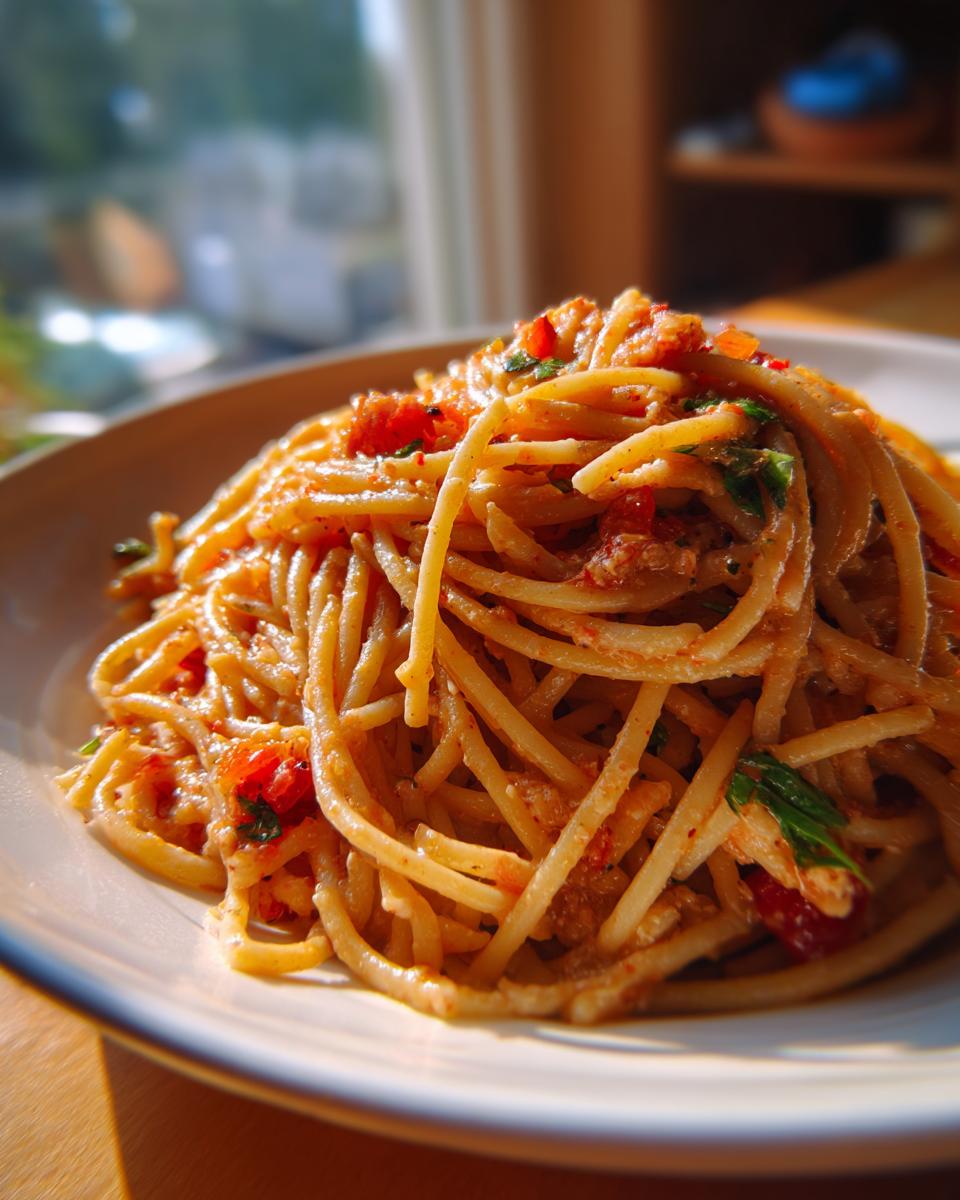 A close-up of a bowl of 5 Minute Zesty Italian Pasta Salad, showcasing spaghetti coated in a vibrant tomato sauce with herbs.