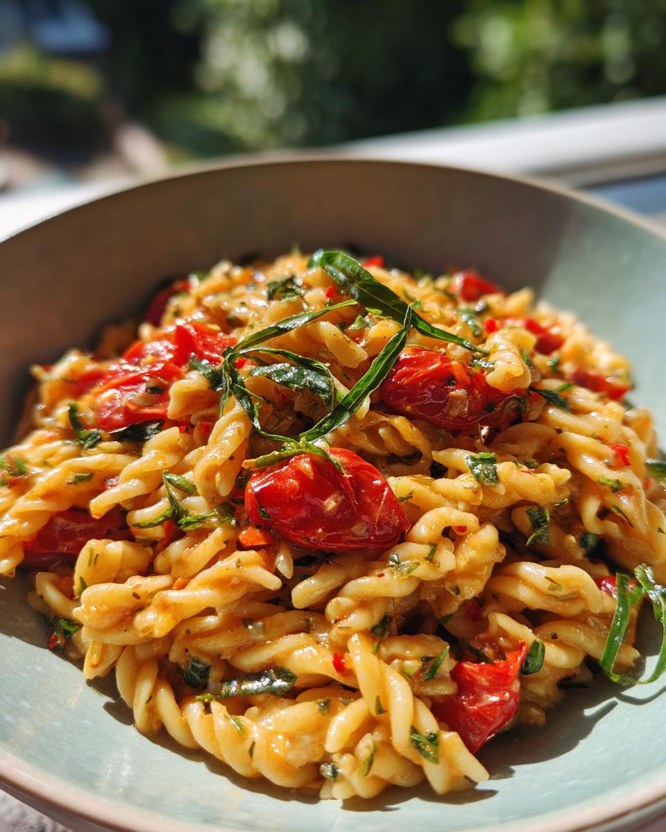 A close-up of 5 Minute Zesty Italian Pasta Salad, featuring fusilli pasta, cherry tomatoes, and fresh herbs in a light dressing.