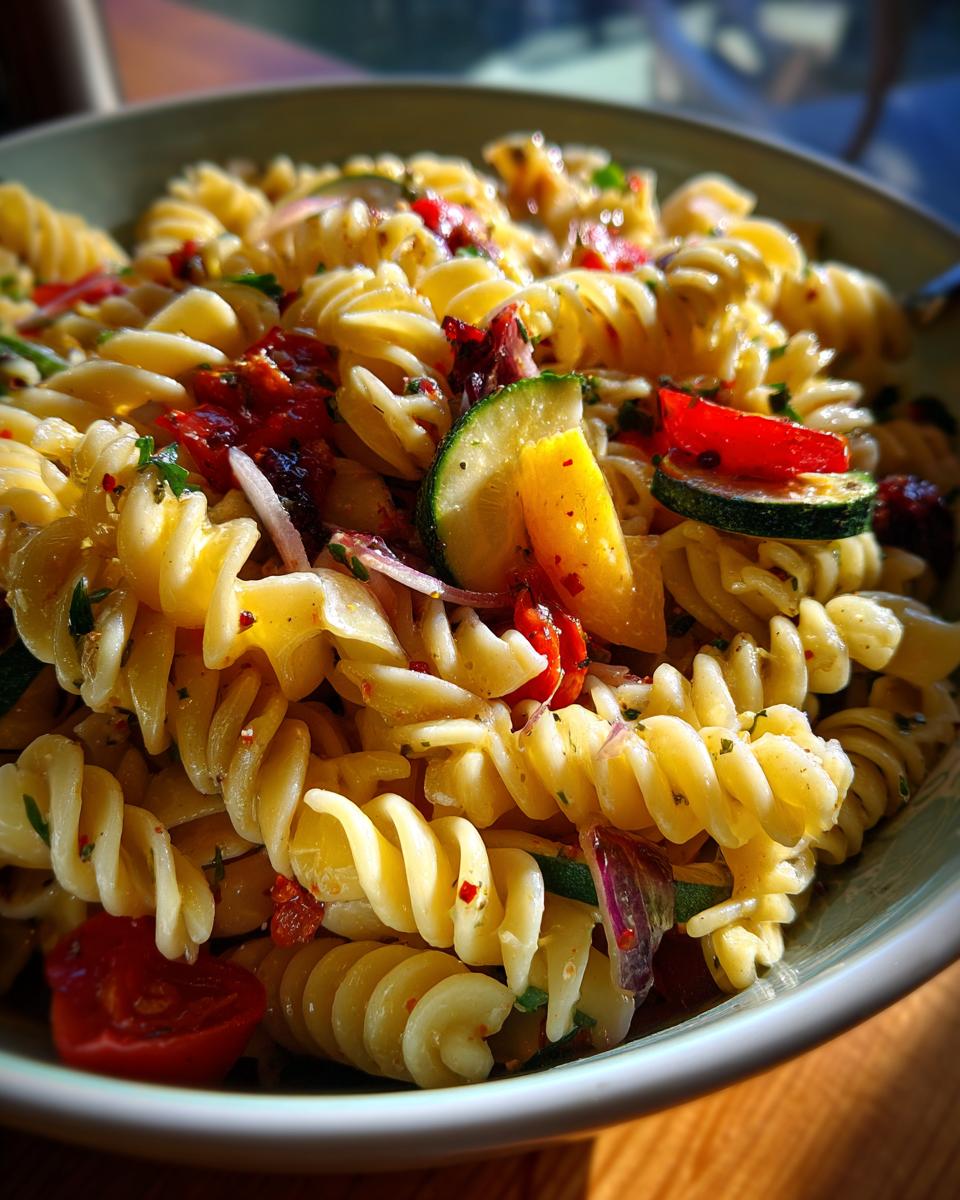 Close-up of a bowl of 5 Minute Zesty Italian Pasta Salad with fusilli pasta, zucchini, cherry tomatoes, and red onion.
