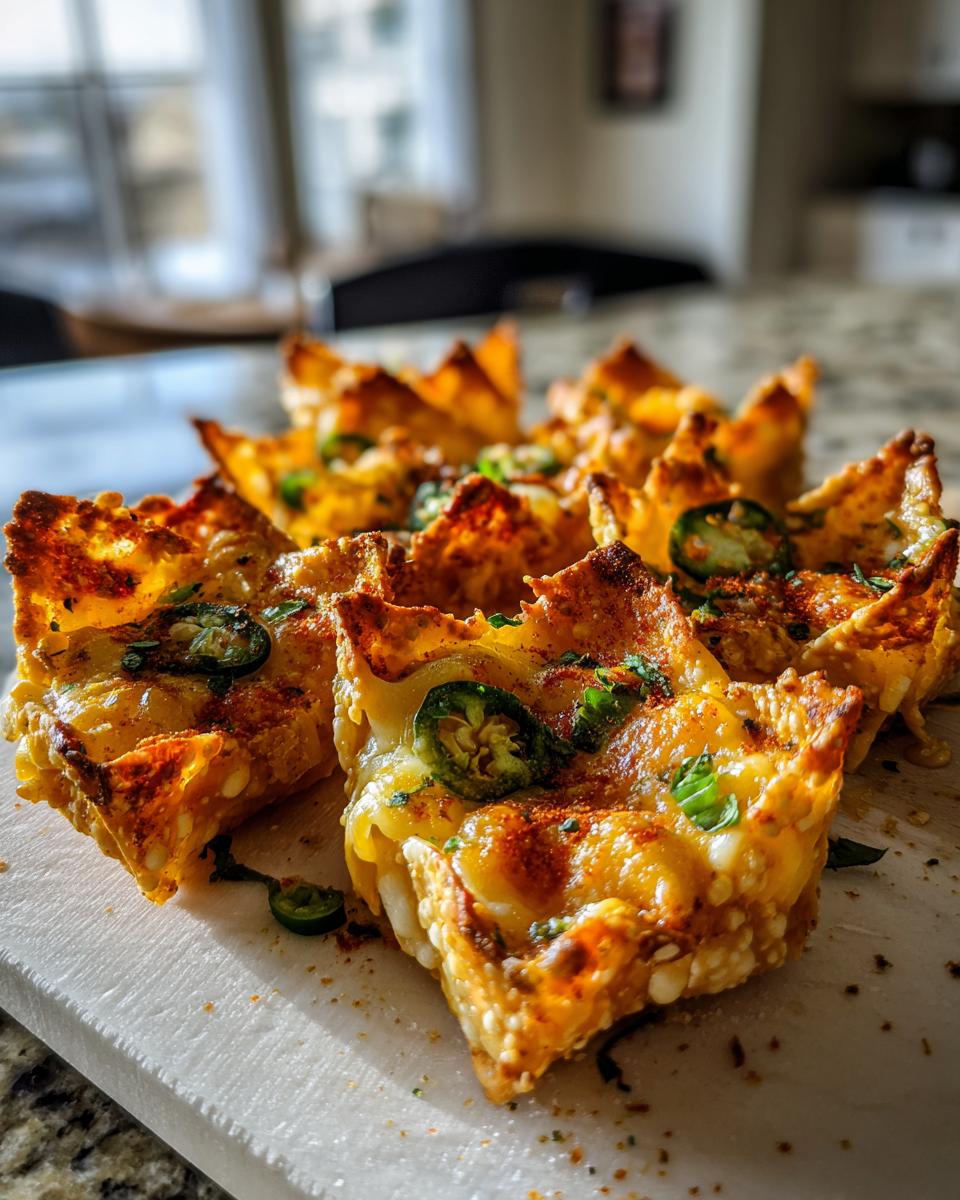 Goudbruine Alabama Firecrackers gegarneerd met jalapeños en kruiden, klaar om te serveren.