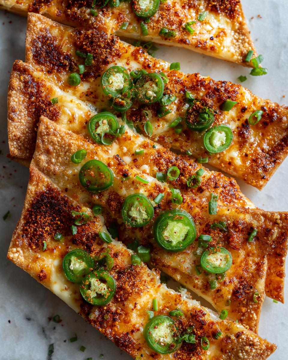 Close-up van krokante Alabama Firecrackers met gesmolten kaas, jalapeño schijfjes en lente-ui.