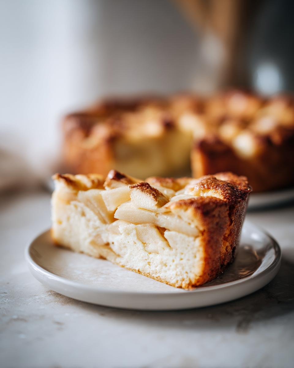 Een stuk van de heerlijke Appel Flan Cake op een bord, met de rest van de taart op de achtergrond.