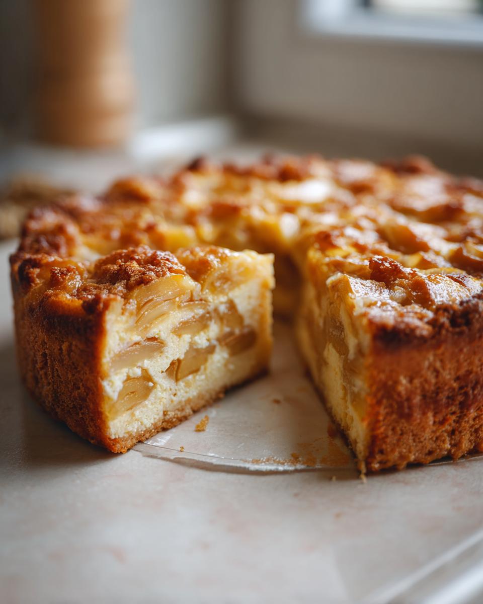 Een gesneden Appeltaart Flan Cake met zachte appelstukjes en een romige vulling.