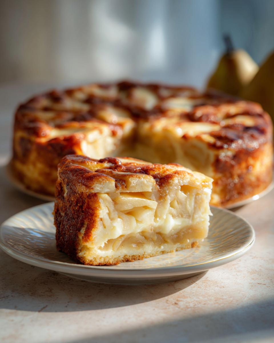 Een close-up van een stuk appeltaart flan cake op een bord, met de rest van de taart op de achtergrond.
