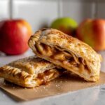 Close-up van twee halve Apple Cinnamon Delights, gevuld met appel en kaneel, met appels op de achtergrond.