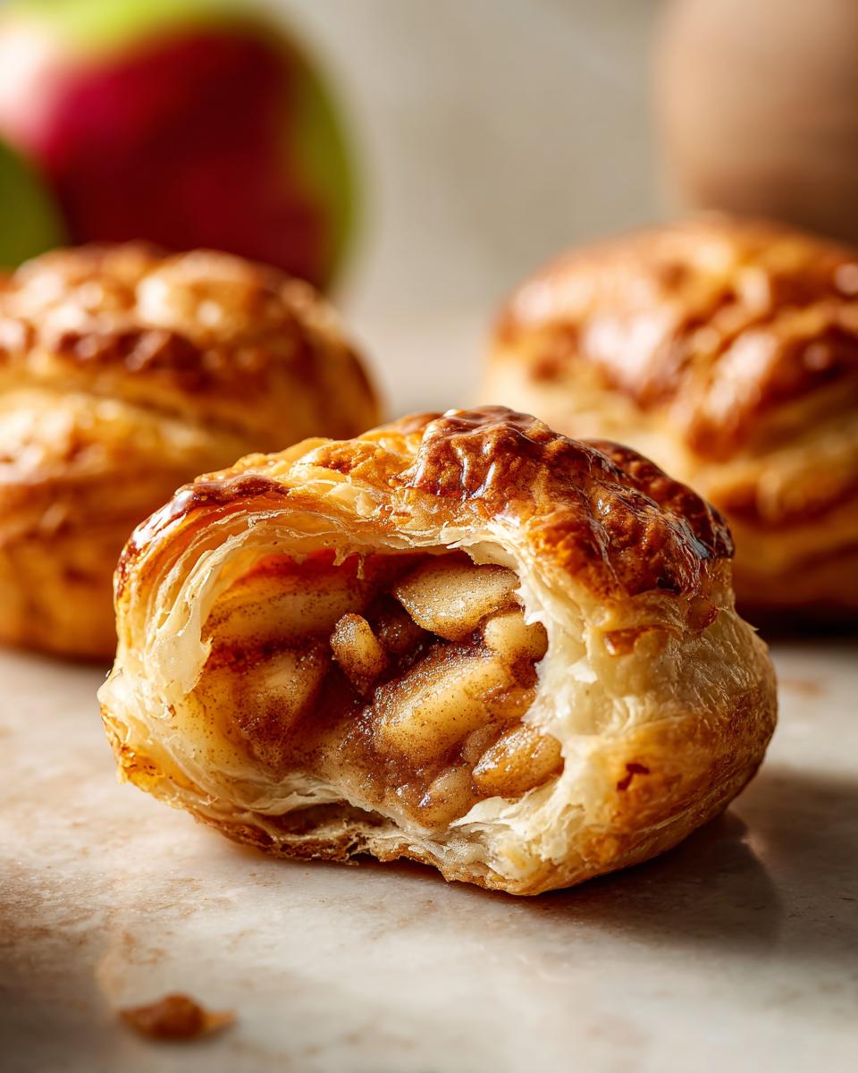 Close-up van een Apple Cinnamon Delight, met een hap eruit, onthullend de kaneel-appelvulling.