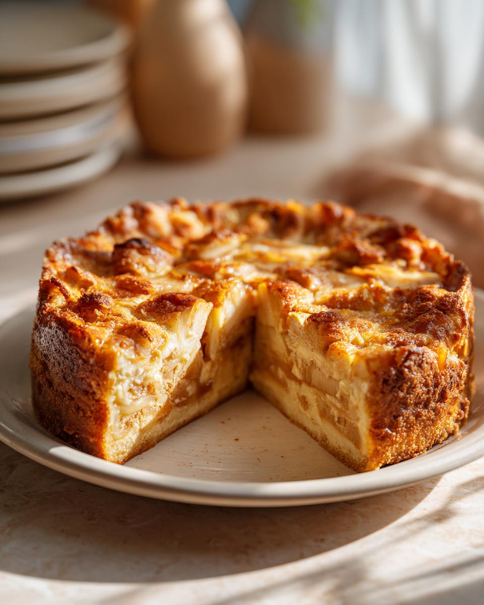Een gesneden Apple Flan Cake op een bord, met een goudbruine korst en zichtbare appelstukjes.