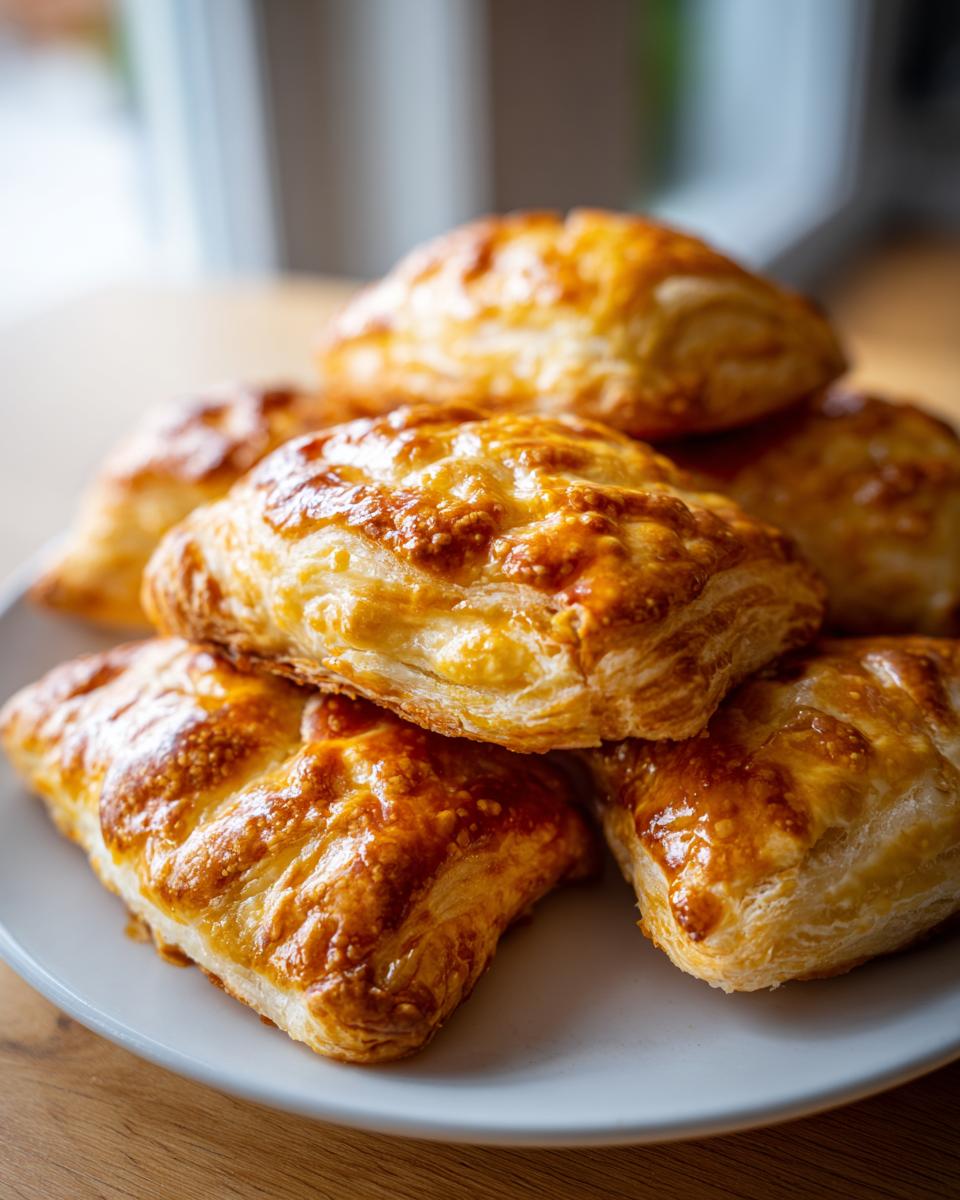 A stack of golden-brown, flaky apple turnovers made with puff pastry, presented on a white plate.