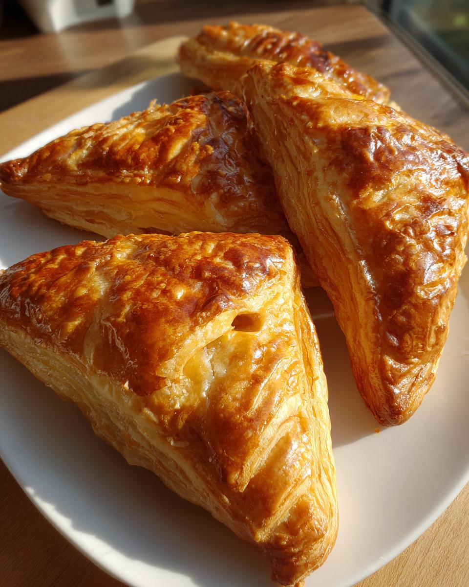 Close-up of golden-brown, flaky apple turnovers made with puff pastry on a white plate.