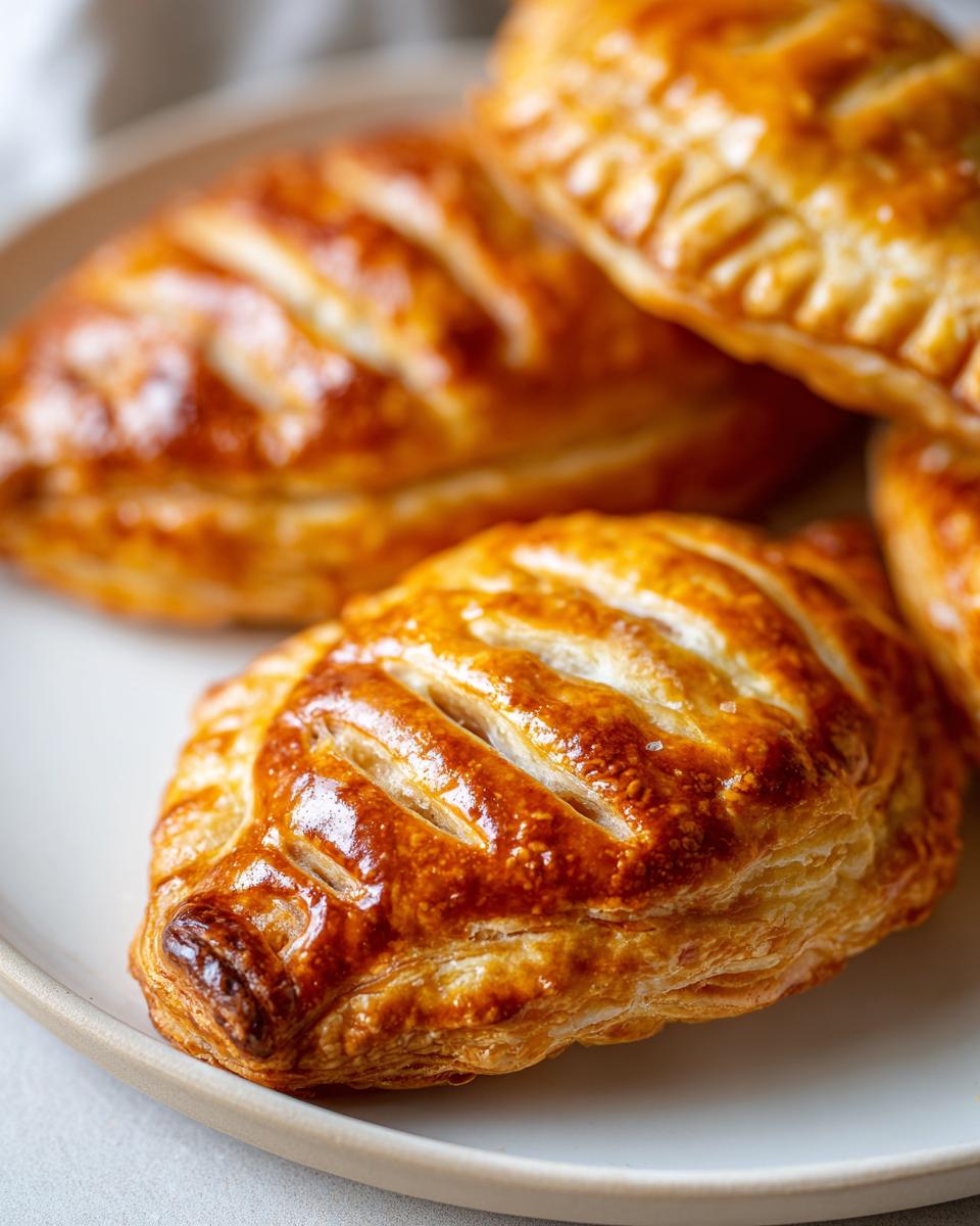 Close-up of golden-brown, flaky apple turnovers with puff pastry on a white plate.