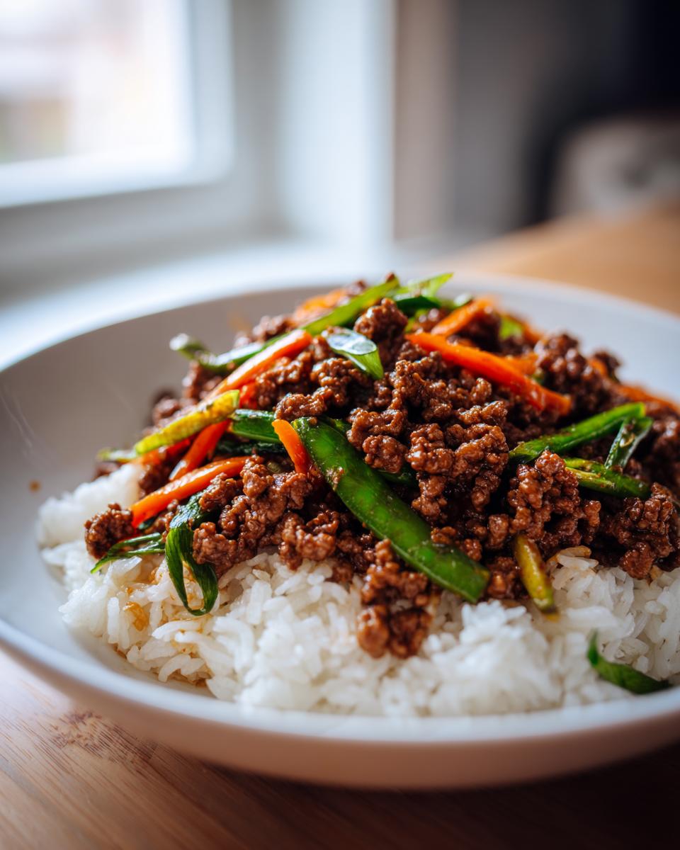 A bowl of white rice topped with savory Asian ground beef and colorful vegetables like snap peas and carrots.