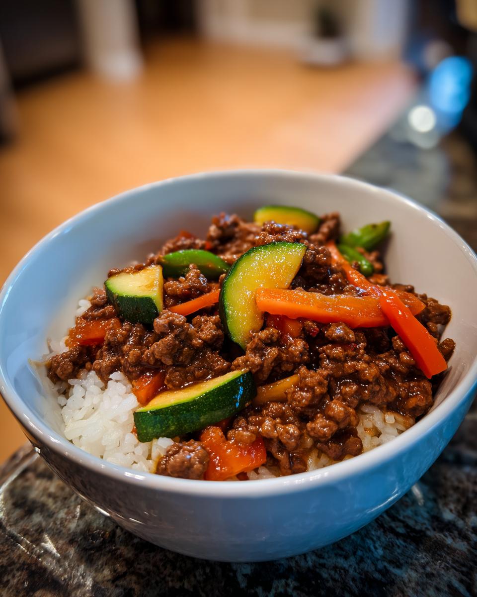 A bowl of white rice topped with savory Asian ground beef and colorful vegetables like zucchini and carrots.