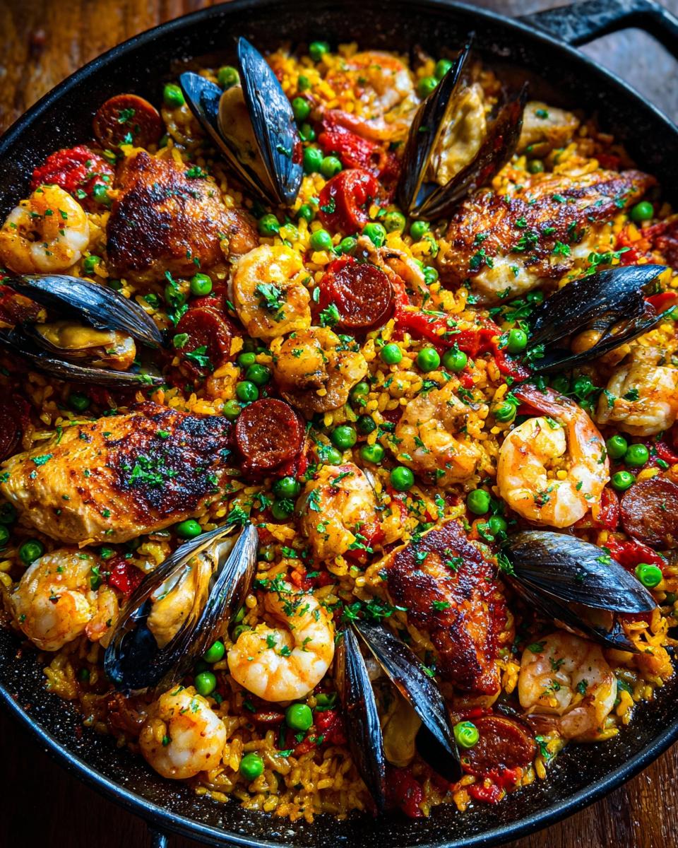 A close-up overhead view of an Authentic Paella Recipe filled with rice, shrimp, mussels, chicken, and chorizo.