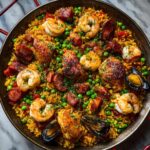 Close-up of an authentic paella recipe in a traditional pan, featuring shrimp, chicken, chorizo, mussels, and peas.