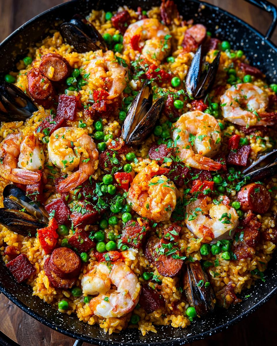 Close-up of a vibrant Authentic Paella Recipe dish filled with rice, shrimp, mussels, chorizo, and peas.