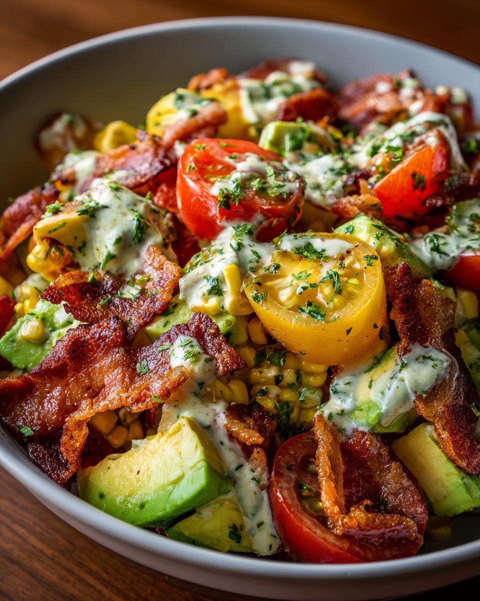 Verse Avocado Maïs Tomatensalade met spek en romige dressing, gegarneerd met peterselie.