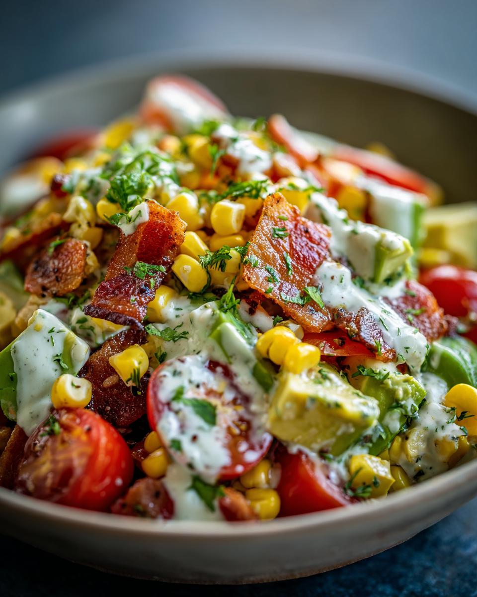Close-up van een heerlijke Avocado Maïs Tomatensalade met knapperig spek en romige dressing.