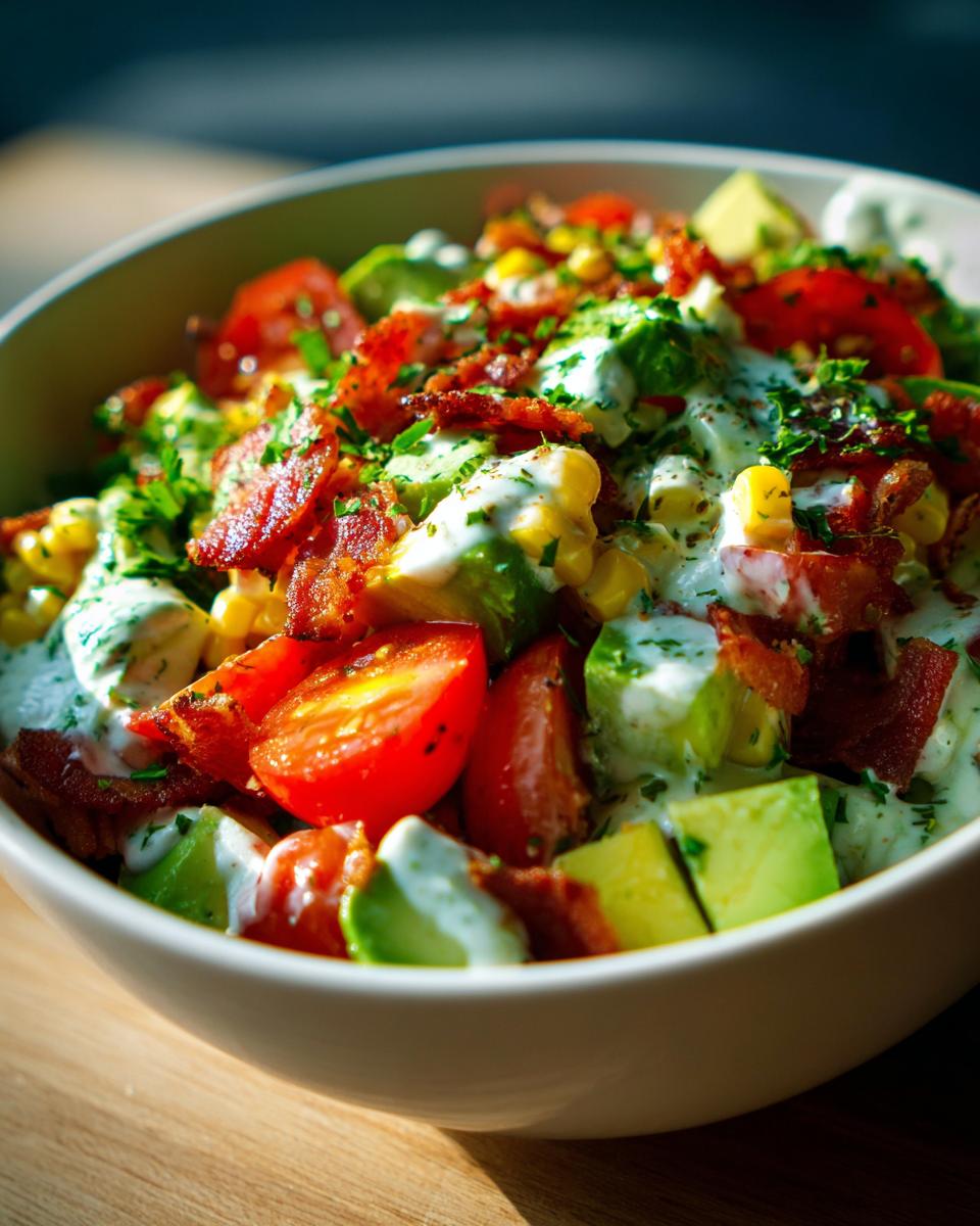Close-up van een kom Avocado Maïs Tomatensalade met spek en romige dressing.