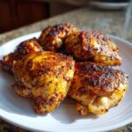 A plate of perfectly baked chicken thighs with a crispy, seasoned skin, showcasing 10 irresistible chicken thigh recipes.