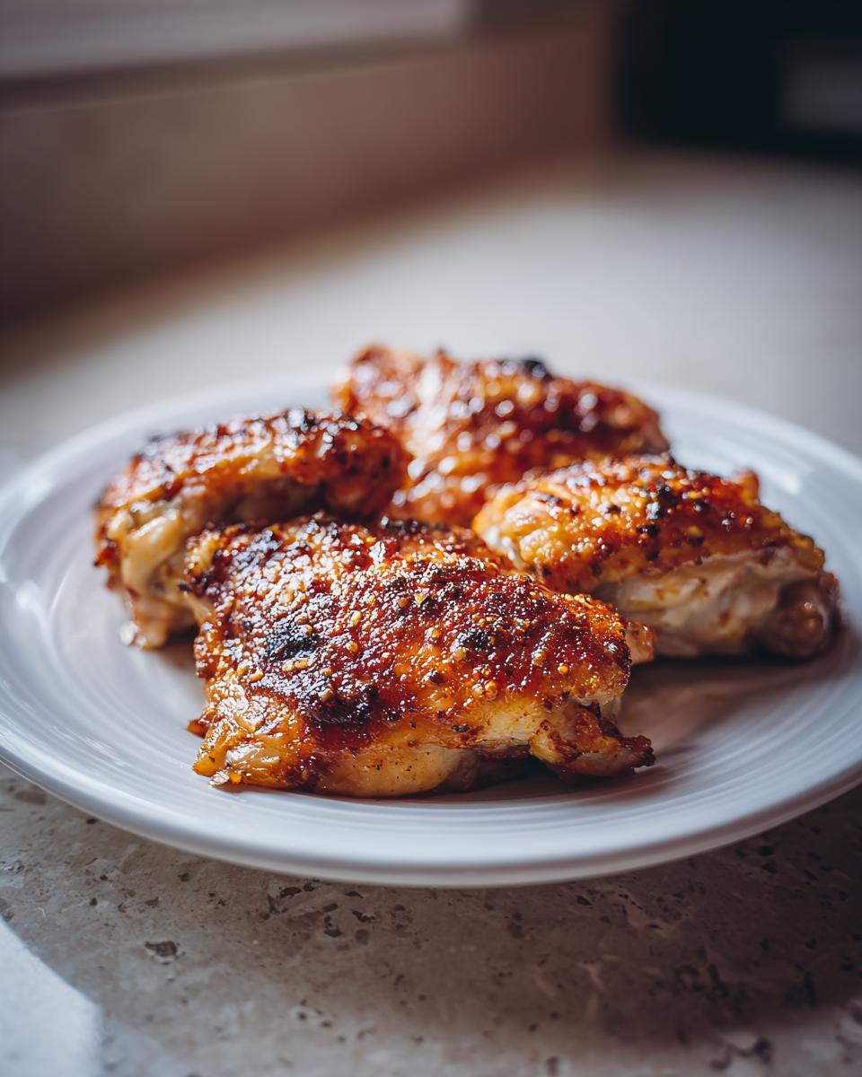 Close-up of four perfectly baked chicken thighs on a white plate, glistening with a savory glaze.