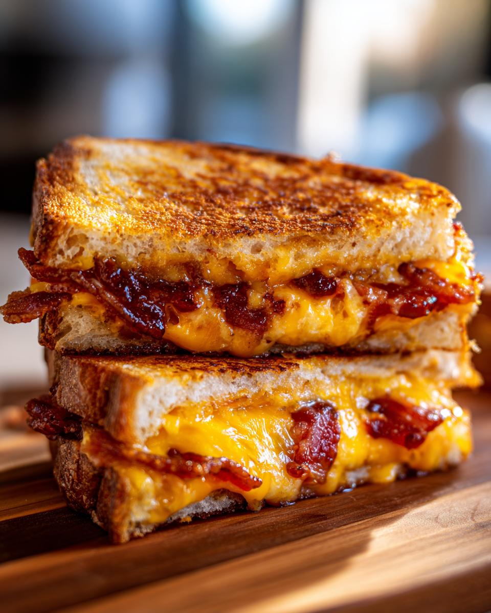 Een heerlijke BBQ Bacon Stuffed Grilled Cheese Sandwich, met gesmolten kaas en knapperig spek.