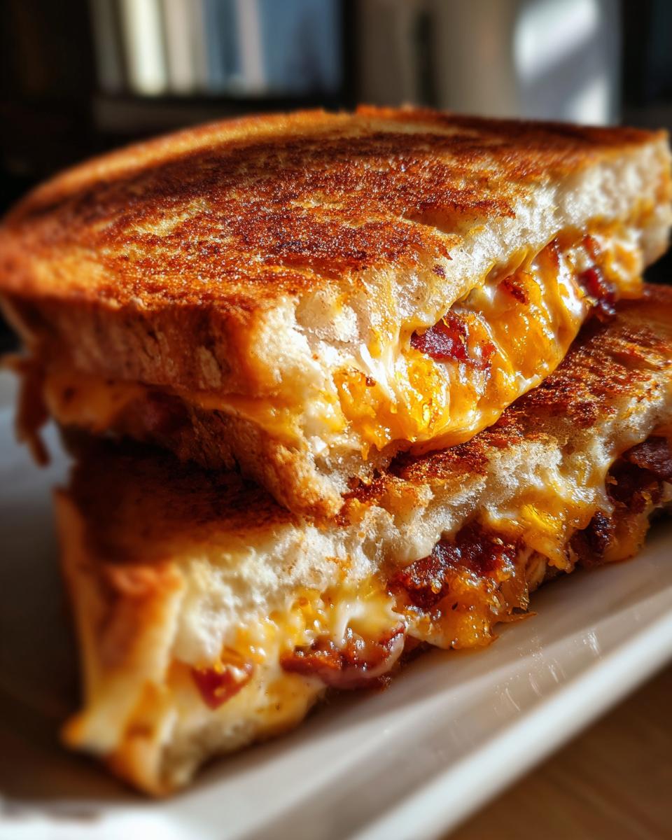 Close-up van een gegrilde kaas sandwich met BBQ bacon, gesmolten kaas en knapperig brood.