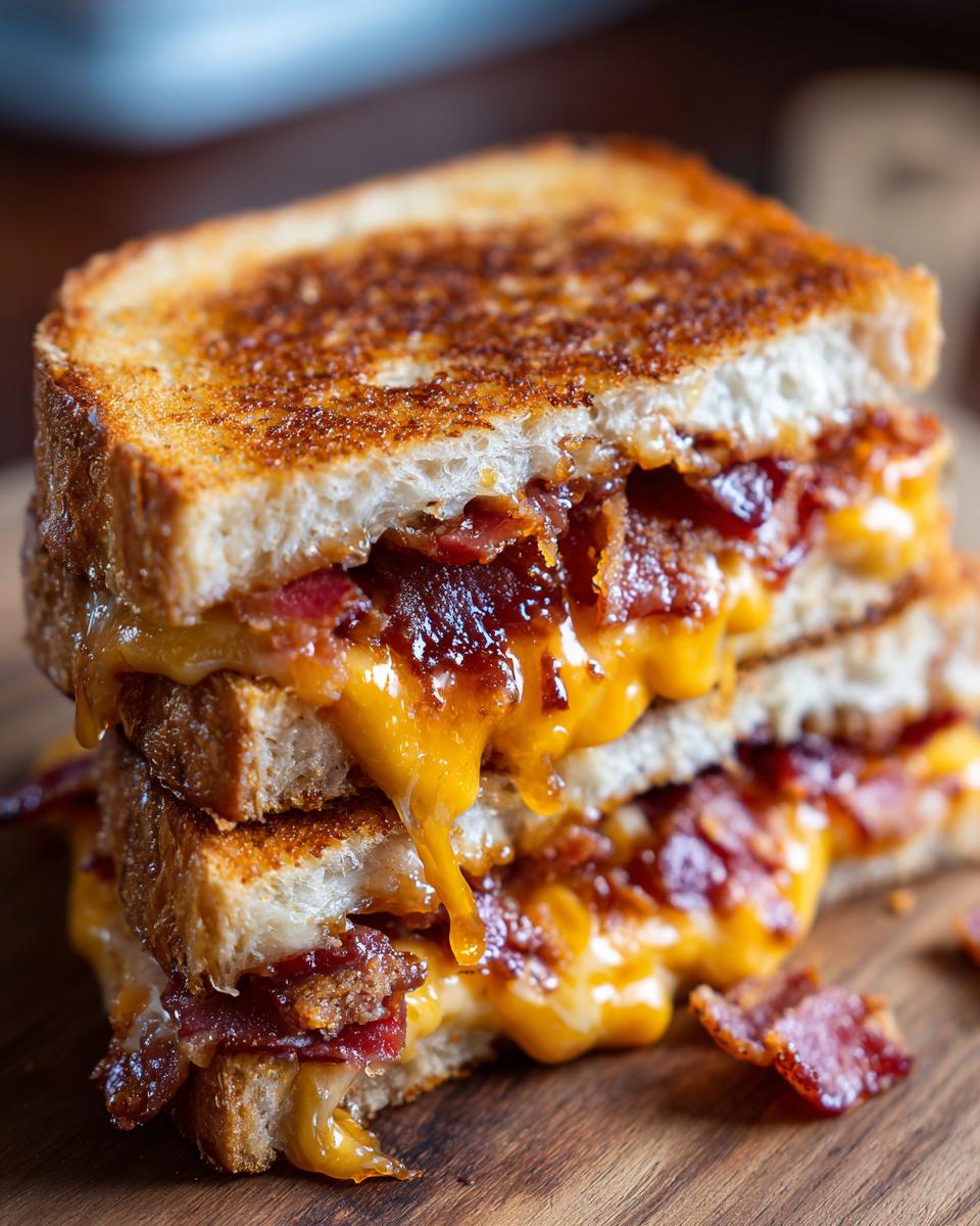 Gestapelde BBQ Bacon Stuffed Grilled Cheese Sandwiches met gesmolten kaas die eruit druipt.