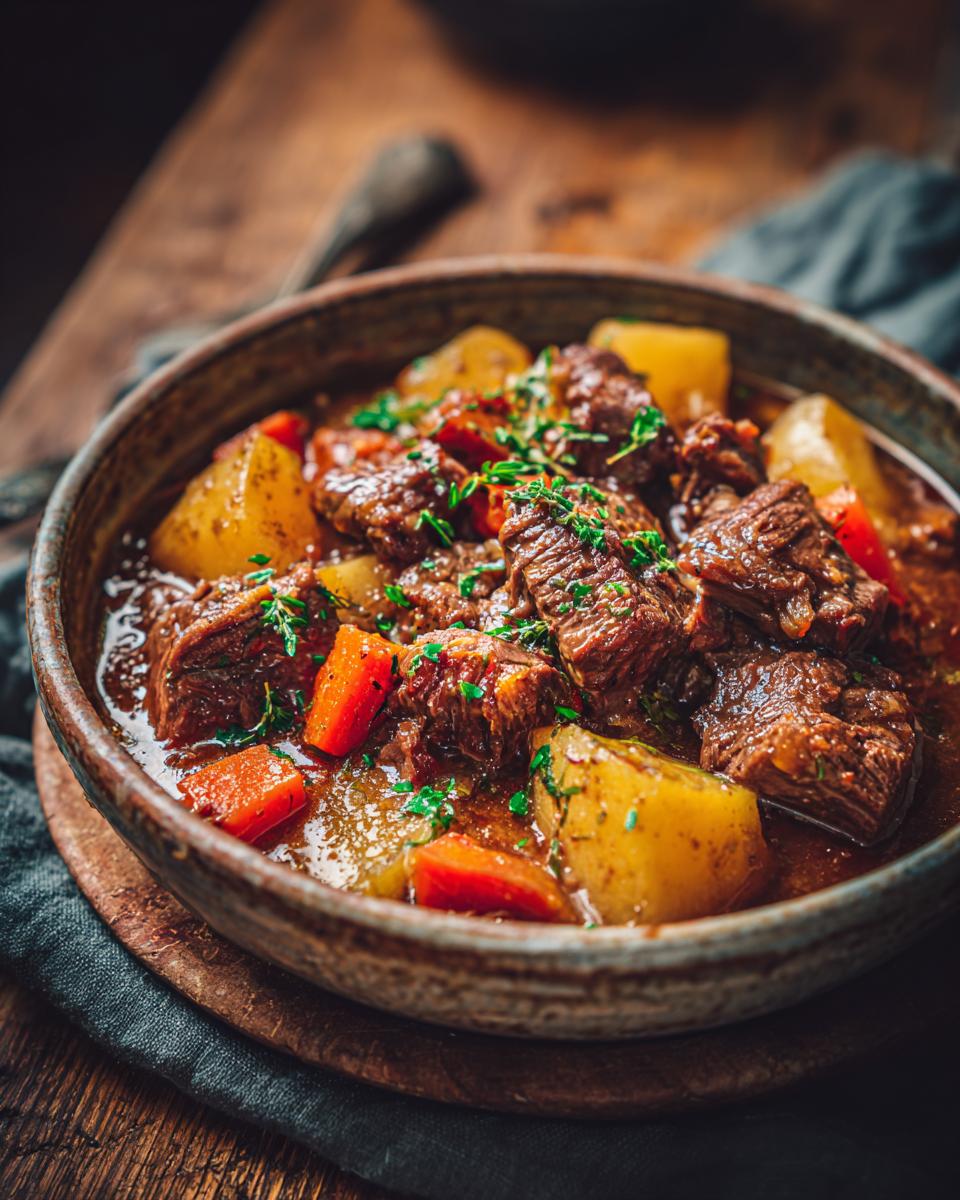 Close-up van een kom met heerlijke Beef Stew met aardappelen en wortelen, gegarneerd met verse kruiden.